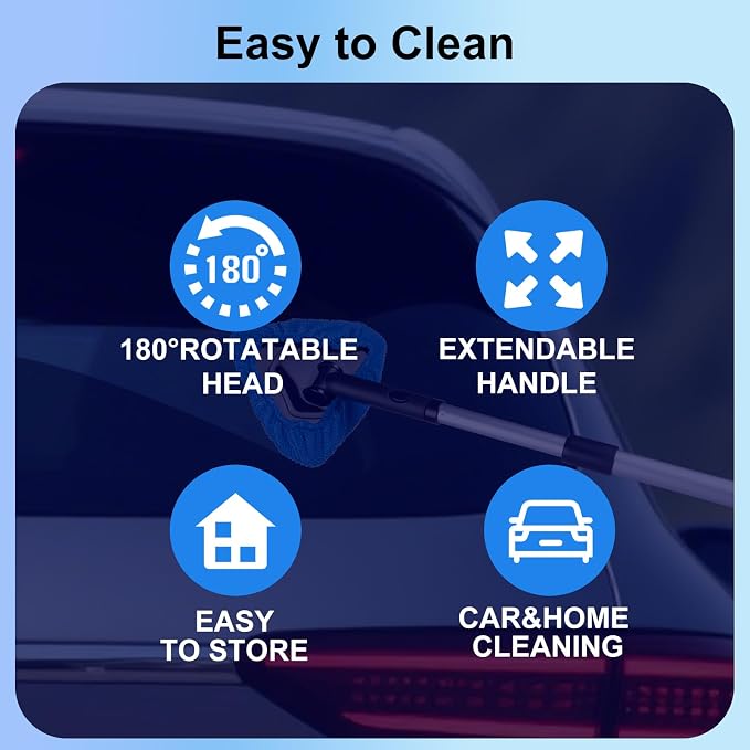 All-in-One Car Windshield Cleaner Kit | Extendable Tool with 3 Reusable Microfiber Pads & Spray Bottle for Interior & Exterior Window Cleaning on Cars, SUVs, Trucks