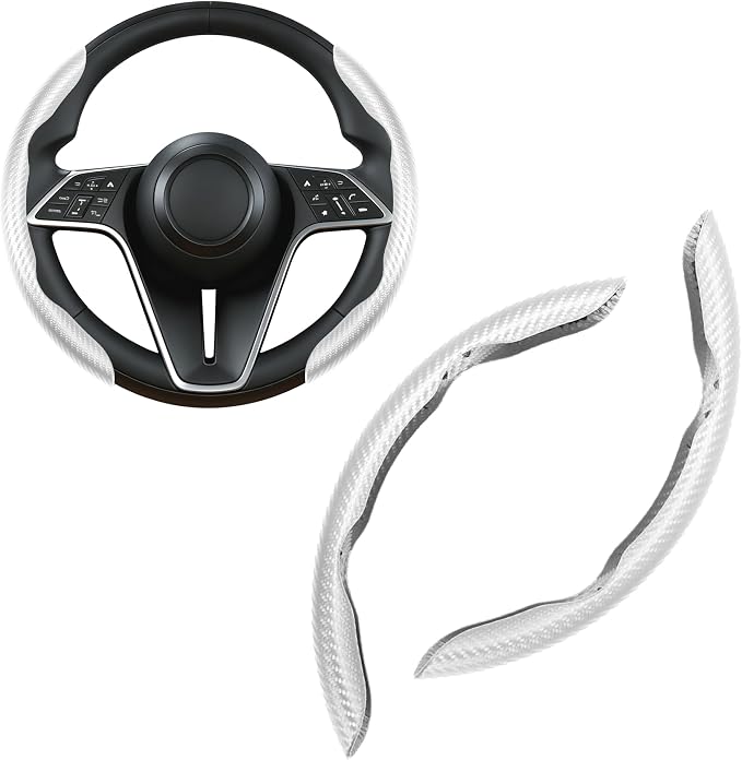 2Pc Carbon Fiber Steering Wheel Cover Universal Fit 99% Cars | Non-slip soft grip, easy to wipe clean, quick to install, perfect for daily commutes and road trips, White
