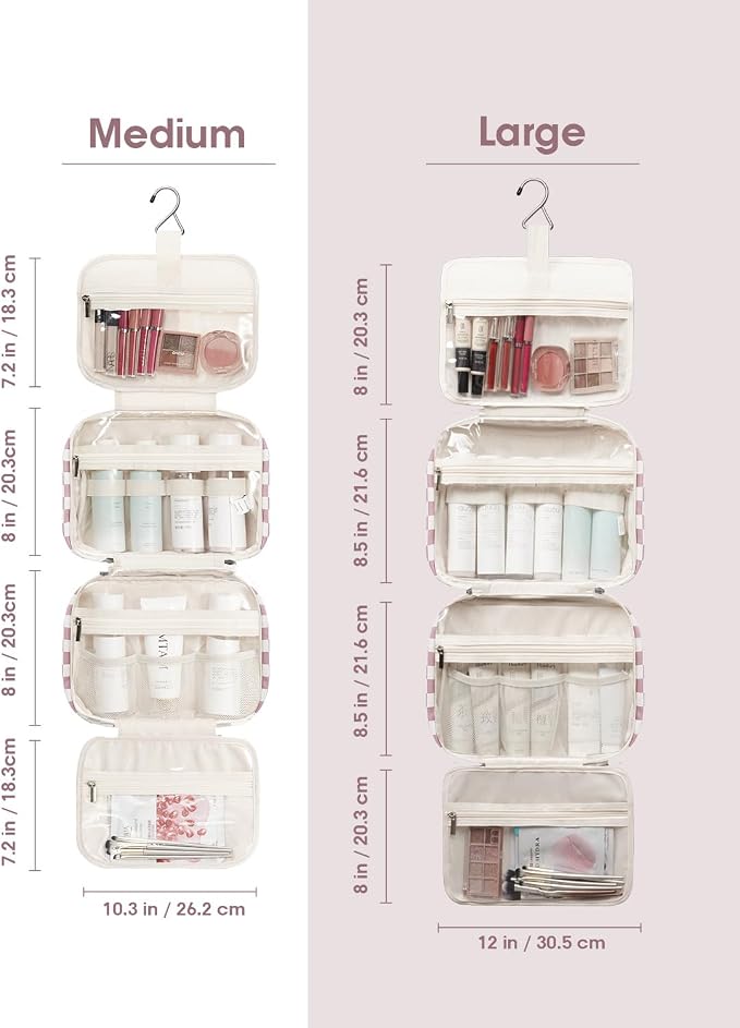 Travel Toiletry Bag for Women Large Hanging Makeup Bag Organizer Toiletries Bag for Full Size Essentials Accessories Cosmetics (Dusty Pink Checkerboard (Large))