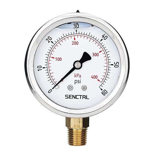 60 Psi Glycerin Liquid Filled Low Pressure Gauge, 2.5" Dial Size, 1/4" NPT Lower Mount, Stainless Steel Case, Pool Sand Filter Water Pump Tire Water Oil Air Pressure Test