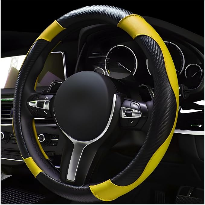 Car Steering Wheel Cover, 15 Inch Leather Breathable Auto Steering Wheel Protector, Comfortable Non-Slip Vehicle Steering Wheel Covers, Universal Car Accessories (Yellow, with Lining)