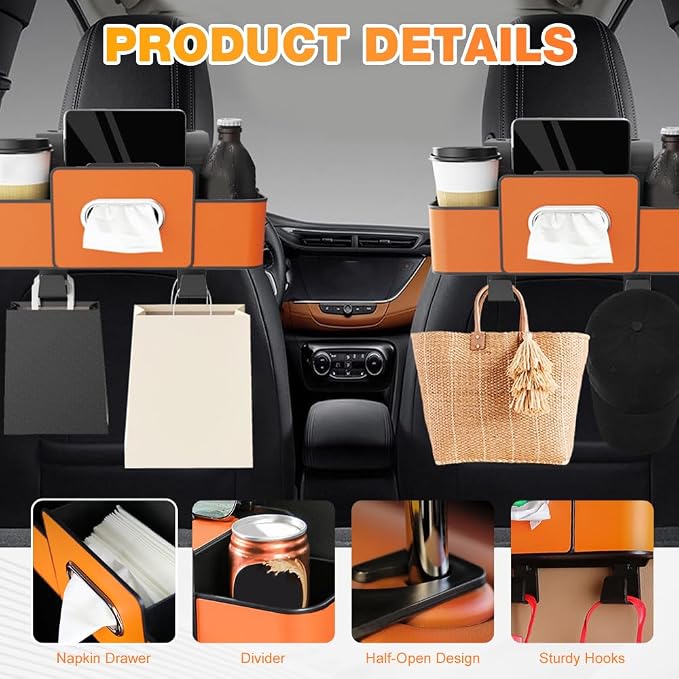 3-in-1 Car Backseat Organizer with Cup Holder, Tissue Box, Trash Bin & Hooks,Multifunctional Back Seat Car Organizer for Hold Phones,Snacks,Drinks,and Handbags (Black)