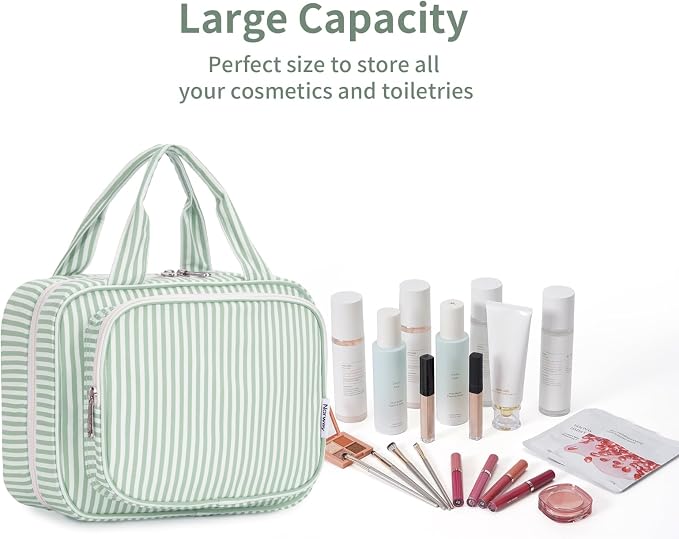 Striped Hanging Toiletry Bag for Women Travel Makeup Bag Organizer Toiletries Bag for Travel Size Essentials Accessories Cosmetics (Mint Green Stripe (Medium))