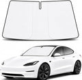 [2026 Upgrade] RevLux Car Windshield Sun Shade | Keeps Car Cooler, Sun & Heat Protection | Double Thickened Ice-Core Cooling Fabric | Foldable Sunshade for Tesla Model 3/Y (55"x35")