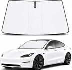 [2026 Upgrade] RevLux Car Windshield Sun Shade | Keeps Car Cooler, Sun & Heat Protection | Double Thickened Ice-Core Cooling Fabric | Foldable Sunshade for Tesla Model 3/Y (55"x35")