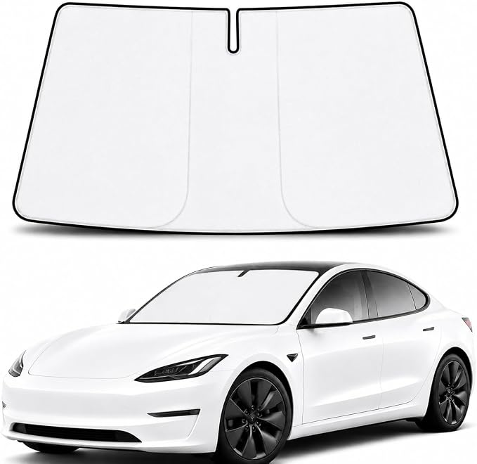[2026 Upgrade] RevLux Car Windshield Sun Shade | Keeps Car Cooler, Sun & Heat Protection | Double Thickened Ice-Core Cooling Fabric | Foldable Sunshade for Tesla Model 3/Y (55"x35")