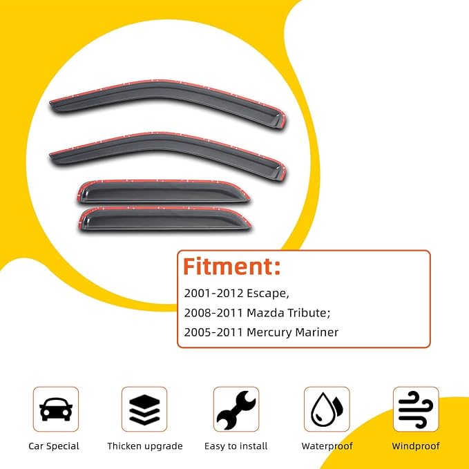 4pcs Sun/Rain Guard Compatible with 01-12 Escape 08-11 Tribute 05-11 Mercury Mariner Front+Rear Smoke Semi-Transparent Outside Mount Tape-On Window Visors