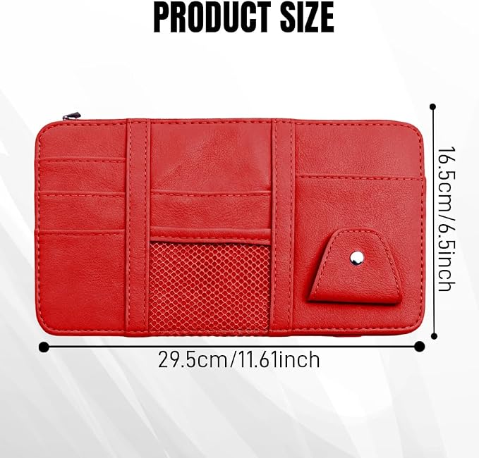 Car Sun Visor Organizer, Truck Visor Organizer, Leather Multi-Pocket Auto Visor Storage Pocket Pouch Holder with Zipper, Auto Accessories Storage Bag for Driving License Card Pen (Red)
