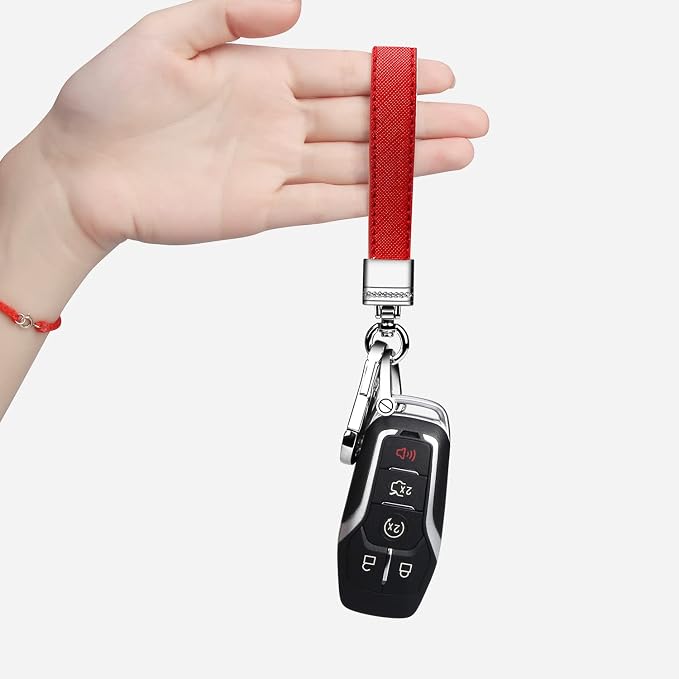 Genuine Leather Car Keychain,Universal Heavy Duty Metal Key Chain Accessories,Car Fob Key Keychain Holder with 360 Degree Rotatable Snap Swivel and Anti-Lost D-Ring for Men Women（Red）
