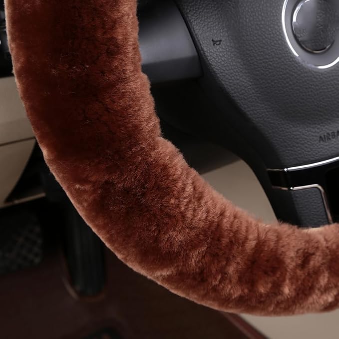 Soft Fluffy Sheepskin Car Steering Wheel Cover for Universal Auto Vehicle Women Man 14 1/2 inch-15 1/2inch Fuzzy Accessories (Saddle Brown)