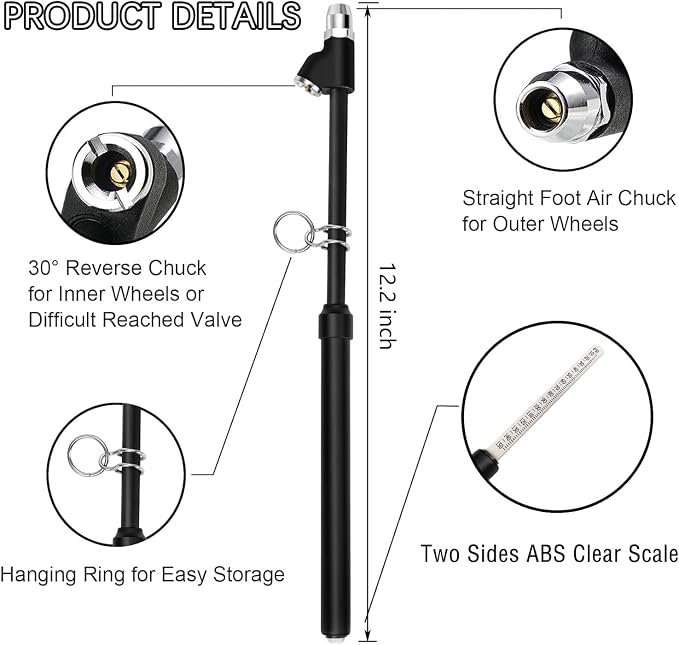 Tire Pressure Gauge Heavy Duty Dual Head Truck Tire Gauge | Solid Brass Body Black Painting, Aluminum Slide, with Hook, Range 10-150psi for Bike Car SUV Vehicle Tester 2PCS