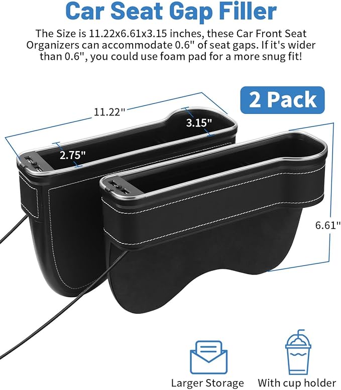 RGB Color Changing LED Car Seat Gap Filler Organizer Console Side Seat Gap Storage Box with Cup Holders and USB Chargers for Car Interior Accessories (2 Pack)