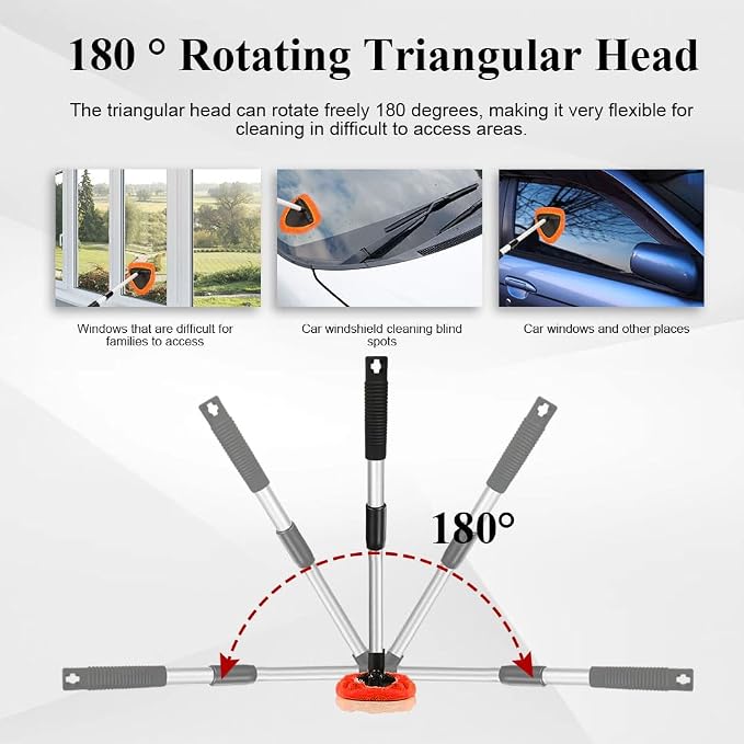 Windshield Cleaning Tool, Car Window Cleaner, Windshield Cleaner with 4 Washable Reusable Microfiber Pads and Extendable Handle, Auto Glass Wiper Cleaning Kit Universal for Car (Orange)