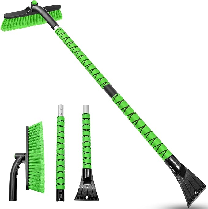 42.5 Inch Car Scraper Snow Brush, 12.6 Inch Large Brush Head with Ice Scraper for Window Windshield, Portable Snow Scraper for SUV Truck Vehicle RV Auto - Green