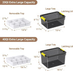 20Qt & 40Qt Stackable Storage Bins with Lids & Trays, Clear Plastic Latching Boxes Organizers with Dividers Portable Containers for Arts & Crafts,Home &Car Trunk Organization,Clear Grey,2Pack