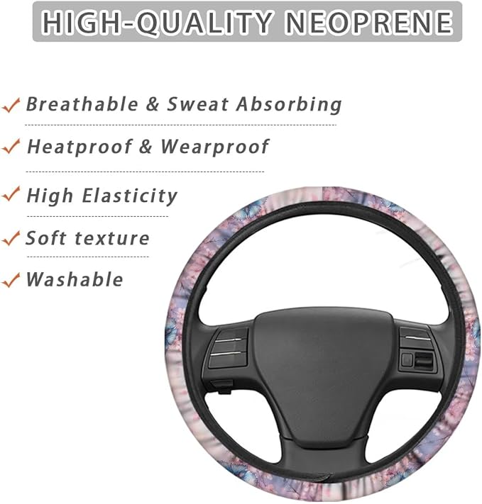 Butterfly Peach Blossom Pattern Car Steering Wheel Cover with a Diameter of 15" Comfortable Auto Steering Wheel Protector Car Interior Accessories Fit Most Van SUV Truck Car