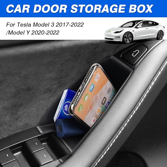 Custom Fit for Door Side Storage Box Tesla Model 3 2017-2023/ Model Y 2020-2023 Accessories Armrest Phone Container Door Organizer Handle Pocket Tray Black Set of 4