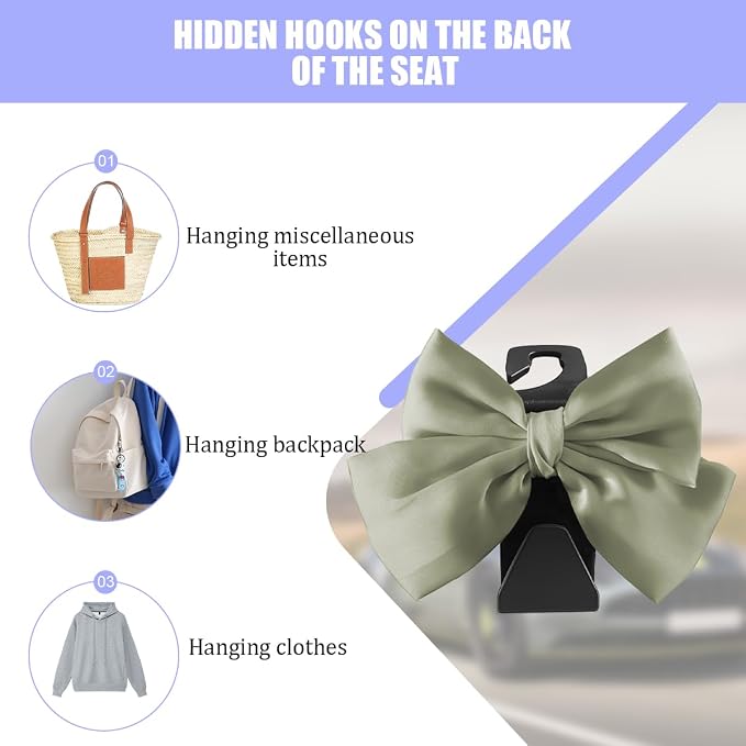 2PCS Car Seat Headrest Hook, Cute Bow Stylish Seat Back Purse Handbag Hanger Organizer, Multi-Purpose Auto Backseat Storage Hook Holder for Umbrella Coat Bag, Universal Fit (Green)
