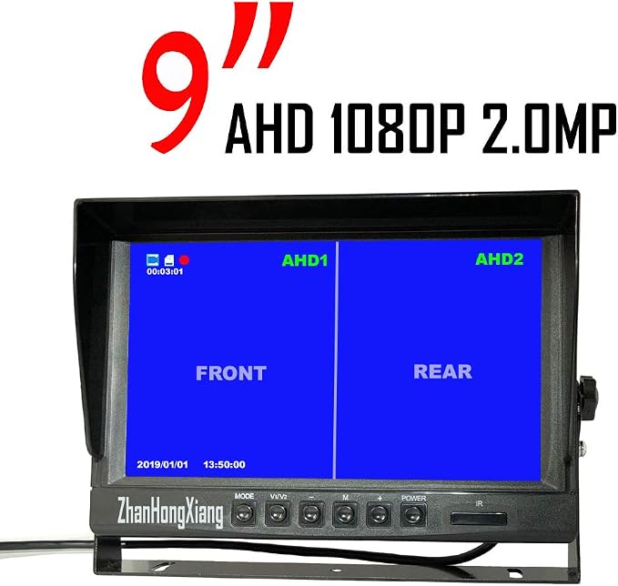 HD 1080P Vehicle Backup Camera with DVR Monitor System,2 x 8 LED IR Night Vision Reverse Rear View Camera + 9" IPS AHD 2CH Split Screen with SD Record 12V~24V for RV Truck Trailer Bus 5th Camper