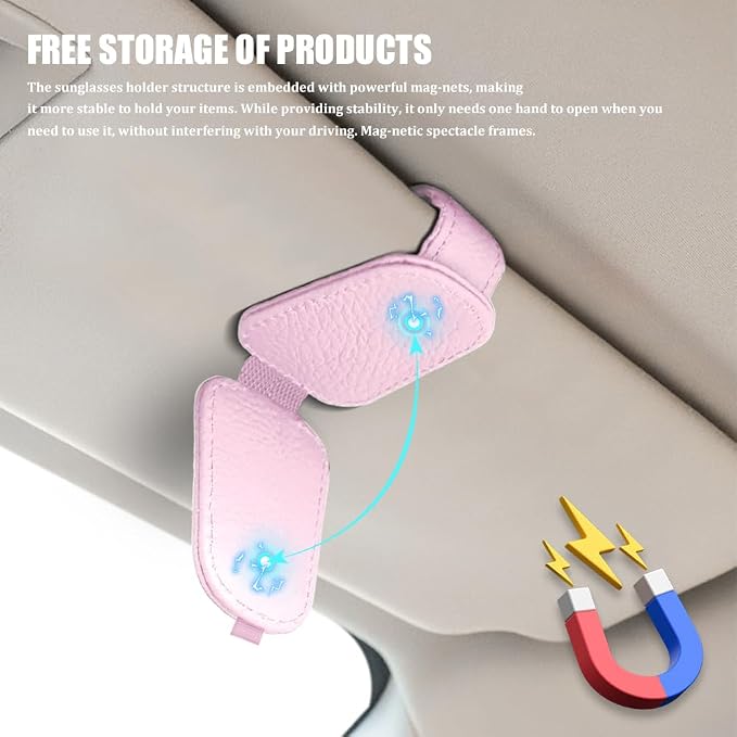 Sunglasses Holders for Car Visor, Sunglass Car Organizer, Leather Magnetic Buckle Sun Visor Sunglass Clip, Car Accessories Ticket Card Clip Sunglasses Mount Fit Truck (Pink, 2PCS)