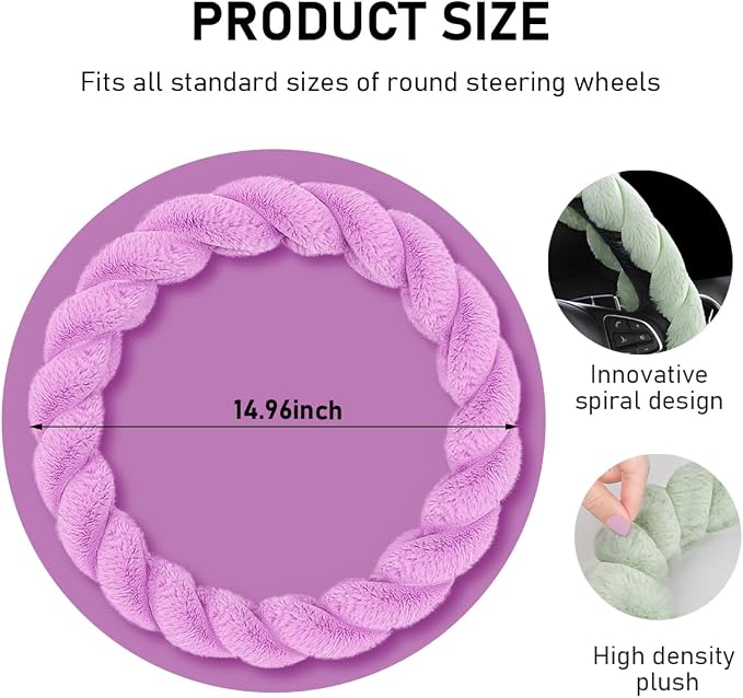 Fluffy Car Steering Wheel Cover, 15 Inches Anti-Slip Round Fuzzy Winter Steering Wheel Protector, Soft Warm Plush Steering Wheel Cover for Women Girls, Car Accessories (Purple, Round)
