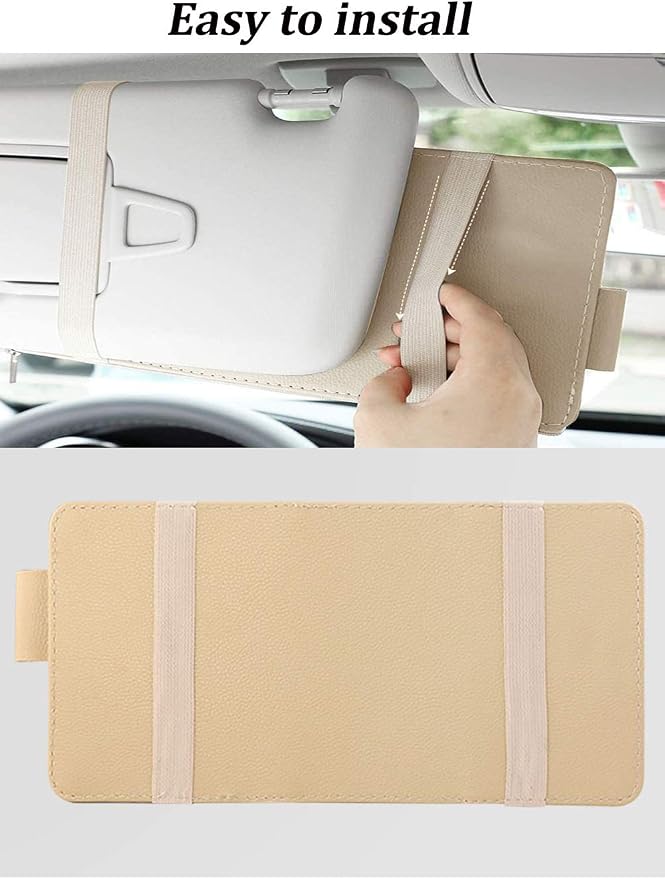 Car Sun Visor Organizer, Auto Car Interior Leather Accessories Storage Pocket Sun Visor Pouch Case Bag for Card License Registration Pen Mobile Phone Bill Note Key Document (Beige)