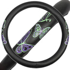 GripGrab Comfort Grip - Purple & Green Butterflies on Black Synthetic Leather Steering Wheel Cover 15 inch