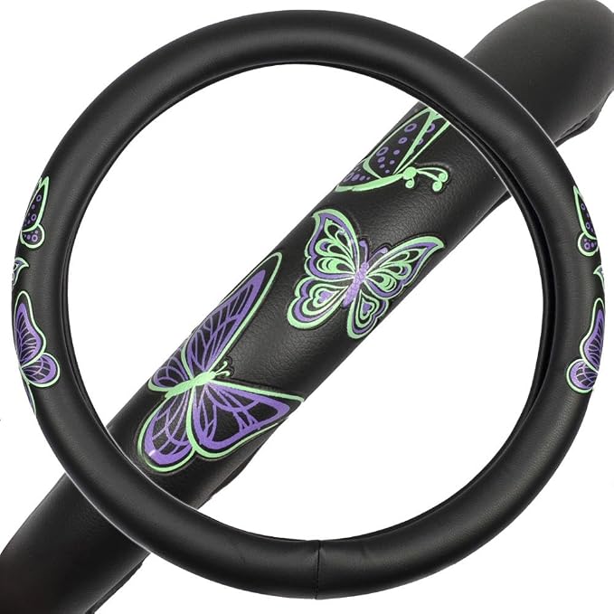 GripGrab Comfort Grip - Purple & Green Butterflies on Black Synthetic Leather Steering Wheel Cover 15 inch