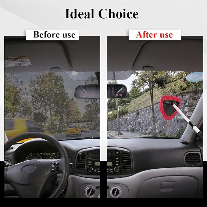 Windshield Cleaning Tool, Car Window Cleaner, Windshield Cleaner with 4 Washable Reusable Microfiber Pads and Extendable Handle, Auto Glass Wiper Cleaning Kit Universal for Car (Red)