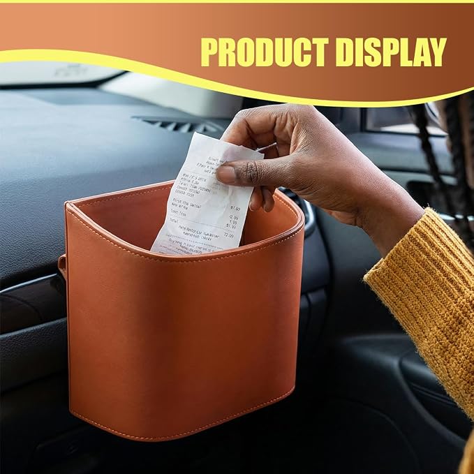 Leather Car Trash Can, Clip on Small Car Garbage Can, Waterproof Leakproof Back Seat Trash Bin, Multifunctional Vehicle Storage Organizer for Trucks, SUVs (Orange)
