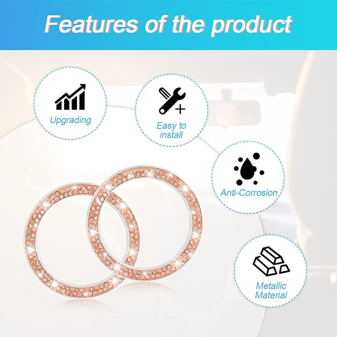 Car Bling Crystal Rhinestone Engine Start Ring Decals, 2 Pack Car Push Start Button Cover/Sticker, Key Ignition Knob Bling Ring, Sparkling Car Interior Accessories for Women (Double Orange)