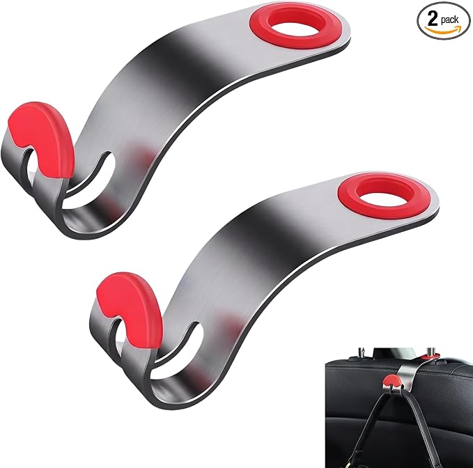 2 PCS Car Seat Headrest Hooks, Solid Alloy Car Purse Hook for Backpacks and Bags, Hidden Design Vehicle Storage Organizer, Universal for Most Cars, SUVs, Trucks (Red)