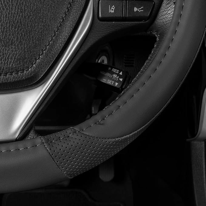 Perforated Microfiber Leather Steering Wheel Cover for Cars Trucks SUVs Vans, Sporty Racing Improved Grip Anti-Fatigue Ergonomic Design, Airbag Compatible - Fits Standard 15" Inch - Black