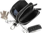 Key Fob Case Genuine Leather, Double Zipper Car Key Holder & Key Wallet with Keychain, Key Pouch for Purse Gift