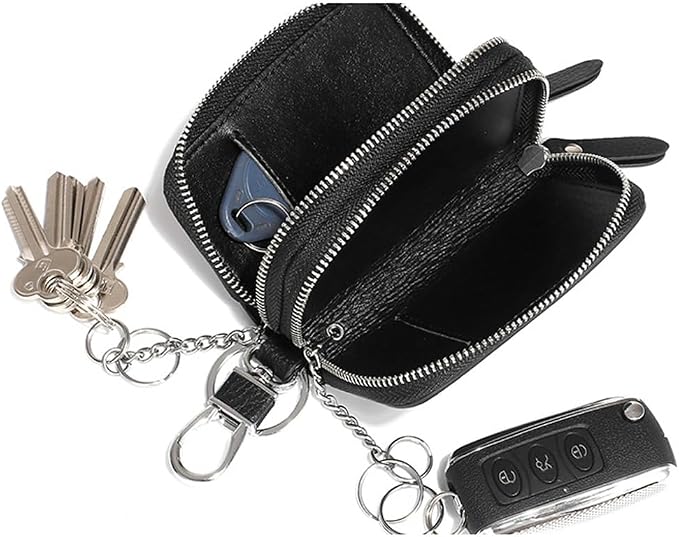Key Fob Case Genuine Leather, Double Zipper Car Key Holder & Key Wallet with Keychain, Key Pouch for Purse Gift
