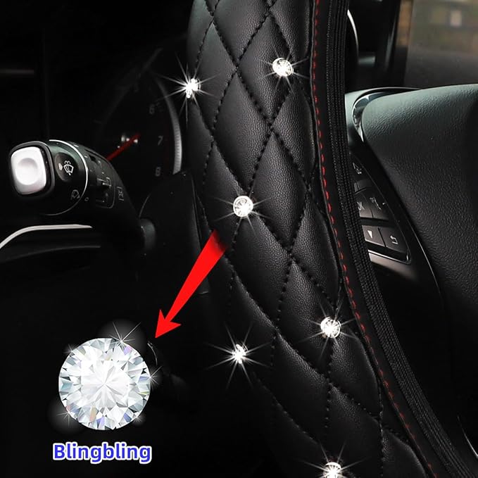 Bling Car Steering Wheel Cover, Non-Slip Elastic Stretch Leather Auto Steering Wheel Protector, Sparkling Diamond Vehicle Decor Accessories for Women Girls, Universal for Vehicles (Black)