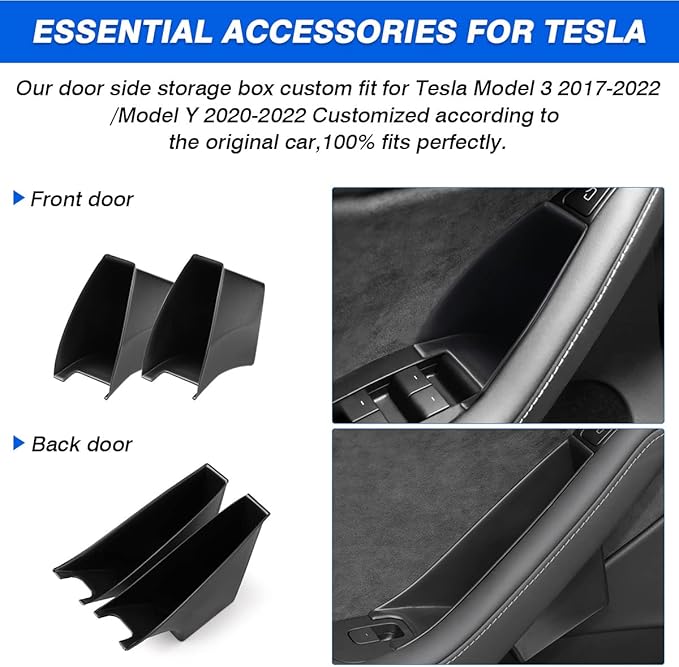 Custom Fit for Door Side Storage Box Tesla Model 3 2017-2023/ Model Y 2020-2023 Accessories Armrest Phone Container Door Organizer Handle Pocket Tray Black Set of 4