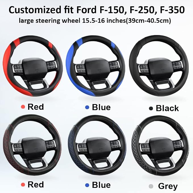 Customized Auto Car Steering Wheel Cover for Ford F-150, F-250, F-350, Expedition(Diamond Quilted - Black+Gray)