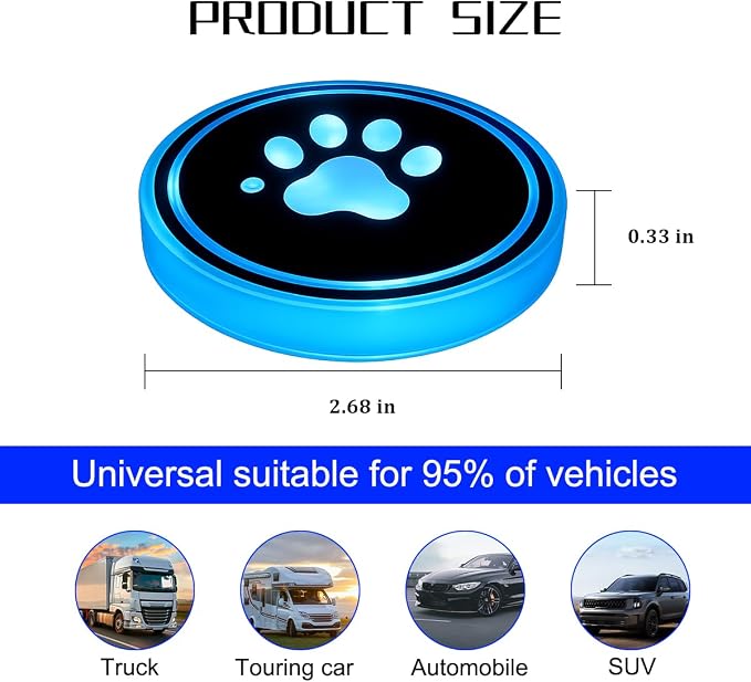 Mandark LED Car Cup Holder Lights, 2PCS Waterproof 7 Colors Changing Vehicle USB Charging Coaster Pad, Auto Interior Atmosphere Lamp Cup Mat Accessories, Universal for SUV Sedan Truck (Paw)