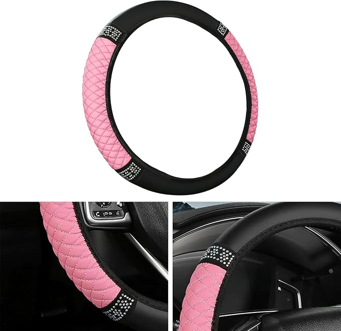 Bling Car Steering Wheel Cover, 15 Inch Rhinestones Soft Leather Elastic Steering Wheel Protector, Sparkly Crystal Diamond for Women, Car Interior Accessories for Most Cars (Pink)