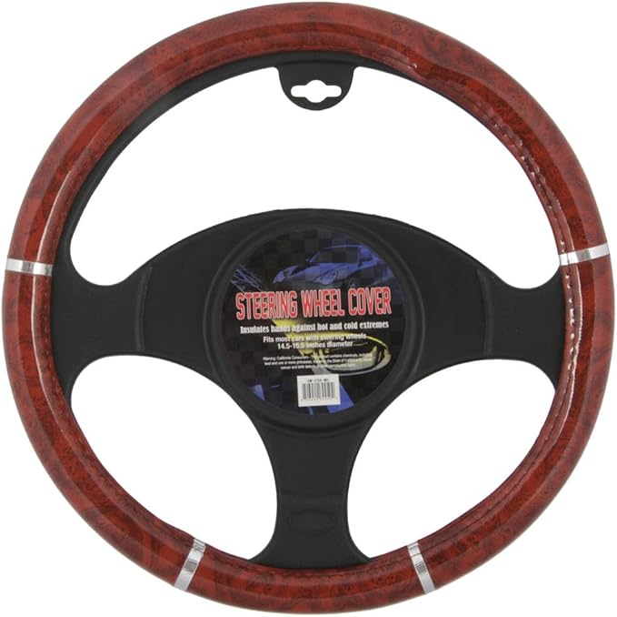 Dark Wood Grain Car Steering Wheel Cover, Standard 15 inch Size, Made to Fit Most Auto Truck Van SUV