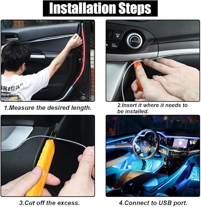 EL Wire Interior Car LED Strip Lights, USB Car Neon Light Strip with Sewing Edge, 16FT Neon Light 5V with Fuse Protection, Electroluminescent Car Indoor Decorations (Red)