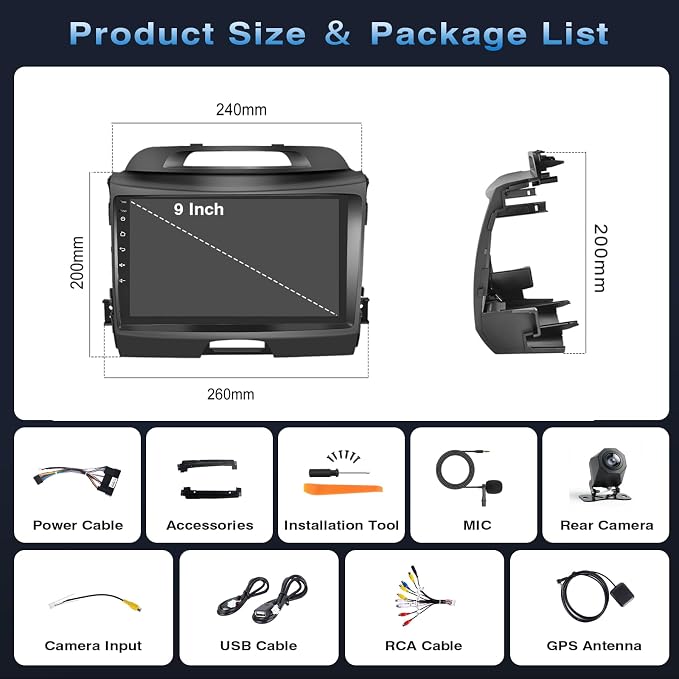 [4G+64G] Android Car Radio for Kia Sportage 2010-2016 with Wireless Carplay Android Auto, 9 Inch HD Touchscreen Car Stereo with WiFi GPS Bluetooth5.0 FM/RDS 32EQ SWC Backup Camera MIC