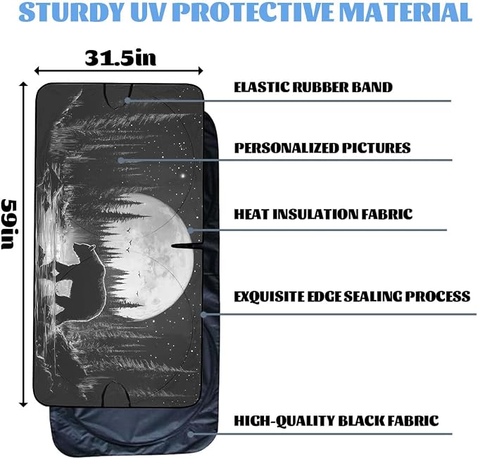 Moonlit Bear Car Windshield Sunshades Forest Night Wildlife Wilderness Front Window Sun Shade Block UV Rays Sun Shade Visor Protector for Car Sedan Truck SUV Accessories 59" L x 31.5" W