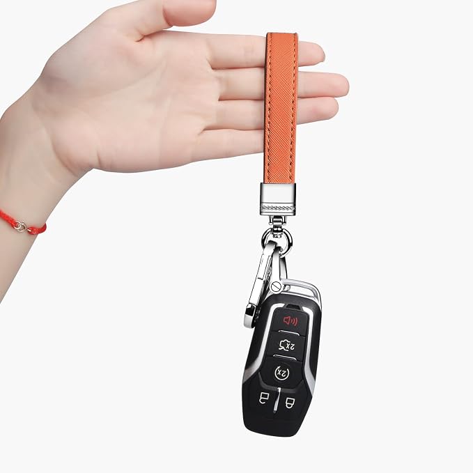Genuine Leather Car Keychain,Universal Heavy Duty Metal Key Chain Accessories,Car Fob Key Keychain Holder with 360 Degree Rotatable Snap Swivel and Anti-Lost D-Ring for Men Women(Orange)