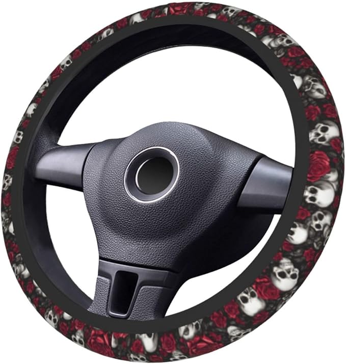 Skull Rose Halloween Scary Steering Wheel Cover Car Accessories Cute for Women Girls Girly Universal 15 Inch Neoprene Auto Interior Decor Anti Slip Car Truck Protector