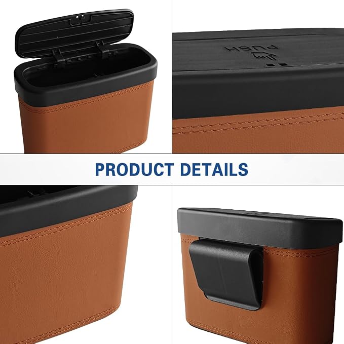 Car Trash Can with Lid, Car Trash Bin, Leakproof Vehicle Garbage Can with 30PCS Garbage Bags, Waterproof Auto Hanging Dustbin Storage Bag Container Accessories Fit SUV Office Home (Brown-1PCS)