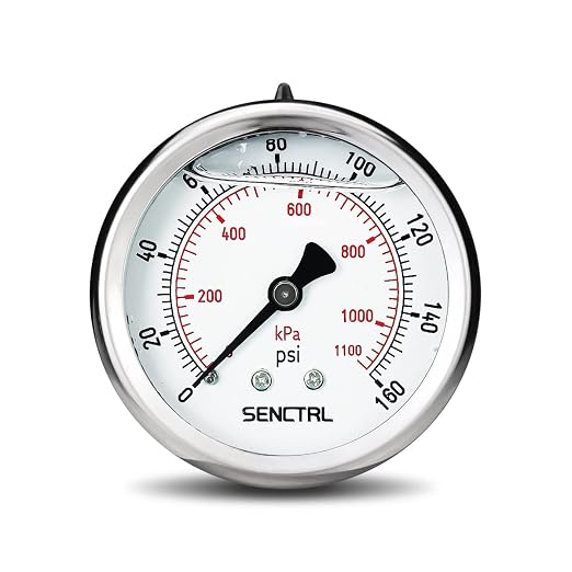 0-160 Psi Glycerin Liquid Filled Air Pressure Gauge, 2.5" Dial Size, 1/4" NPT Back Mount, Stainless Steel Case, for Water Pump, Tire, Large Air Compressor, Well, RV Regulator Pressure Test