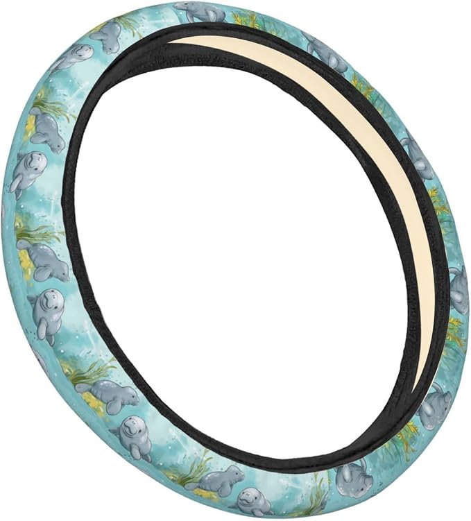 Cartoon Florida Manatee Mother and Baby Steering Wheel Covers Anti-Slip Elasticity Car Accessories Steering Wheel Protector Universal 15 Inch for Cars SUV Vehicle Truck