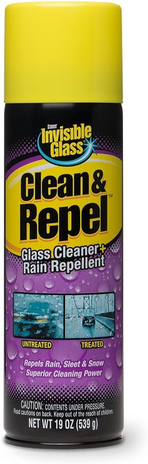 91184 Clean & Repel – Aerosol Glass Cleaner and Rain Repellent, Cleans Exterior Windshields, Repels Rain, Sleet, Snow, Improves Wet Weather Driving Visibility – 19 oz